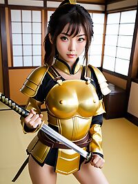 A pale sweaty woman in yellow armor wields sword on Japanese TV