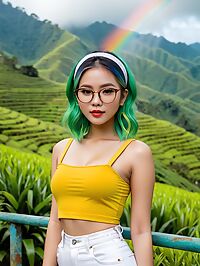 In Cameron Highlands a 21 year old Thai girl with rainbow hair sweats
